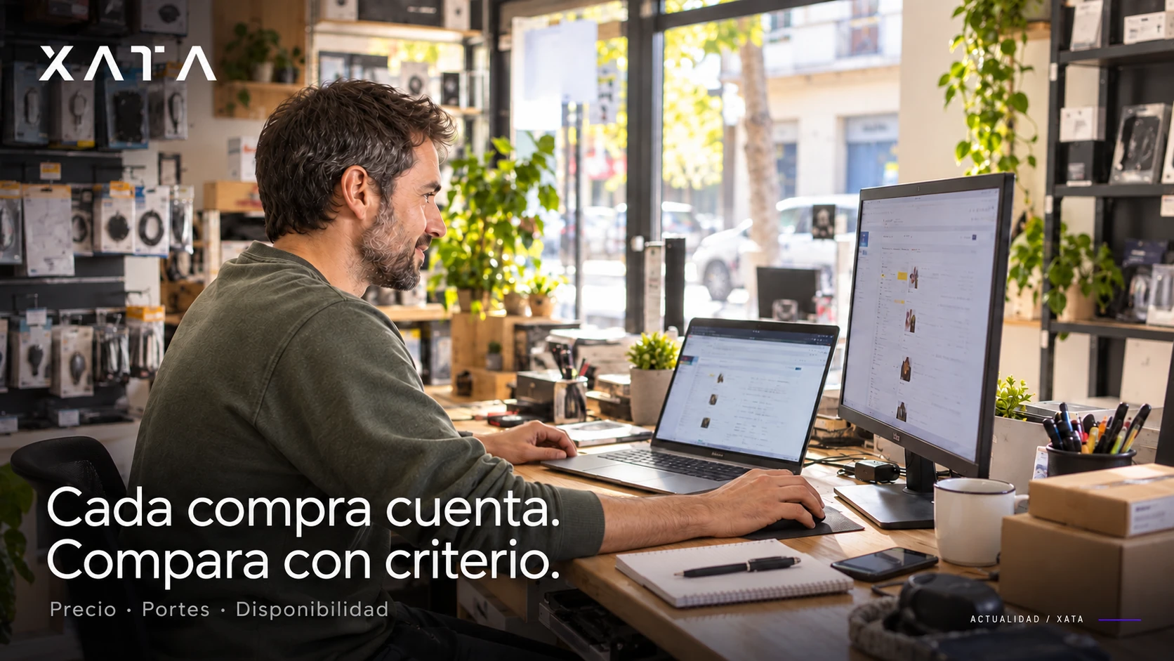 Profesional comparando ofertas: Cada compra cuenta. Compara con criterio.